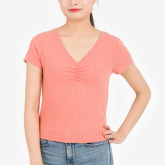 JR255 Hippie Rose Melon Slice Juniors' Pointelle Ruched-Front Top Size S - Picture 1 of 1